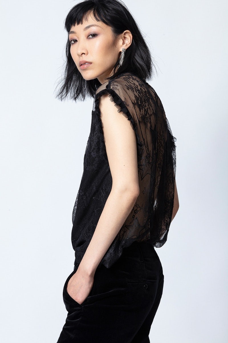 Top Tetro Lace - Top noir femme, en dentelle et tulle imprimé.